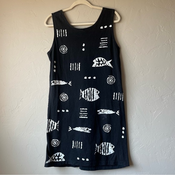 Cotton Fields Mac Black Fish Stencil Print Maxi Sleeveless Dress lagenlook Art - Picture 8 of 12